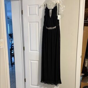 David's Bridal Black Pleated Evening Gown with Jeweled Waist